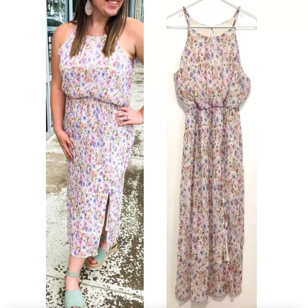 NEW NWT LUSH Cream Ivory Pink Multi Floral Pleated Sleeveless Midi Dress Medium